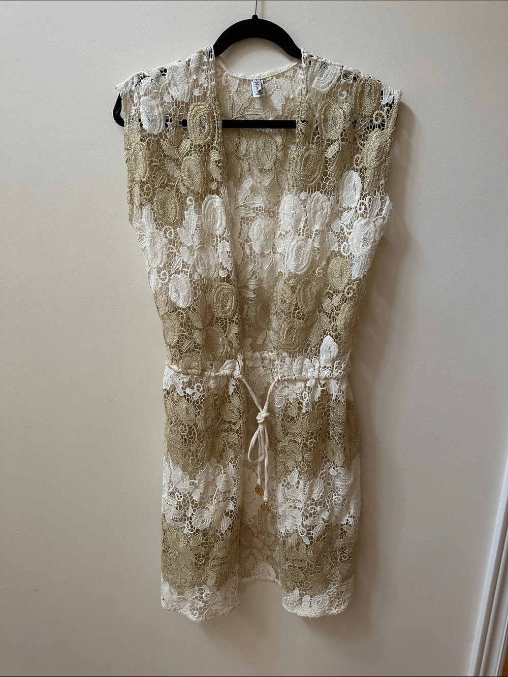 Swim cover up - Lacey Overlay Caftan in Beige and White